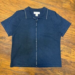 Judith Hart Vintage Silk Blend Knit Polo Top Navy Blue Costal Grandma Aesthetic